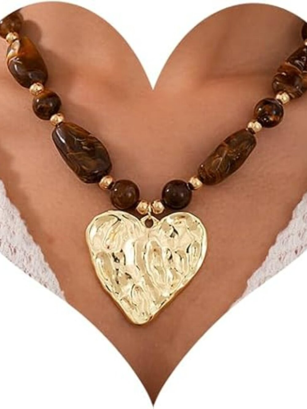 NEW Beaded Necklace Chunky Acrylic Beads & Heart Pendant Colorful Classy Jewelry